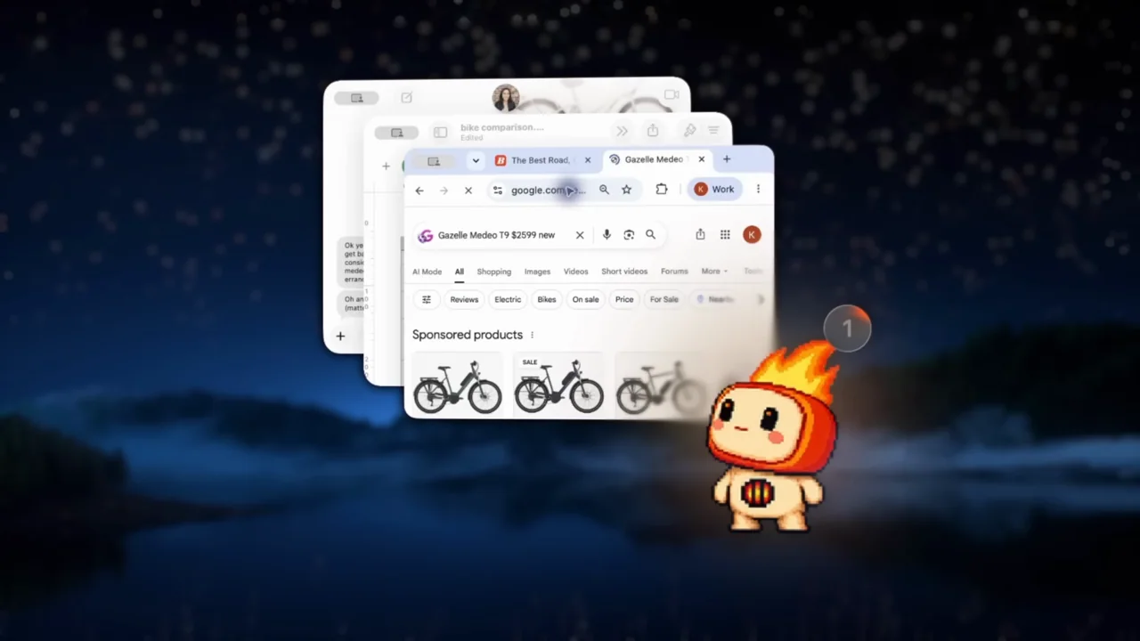 Chat, spreadsheet, and shopping-browser windows form a compact stack.