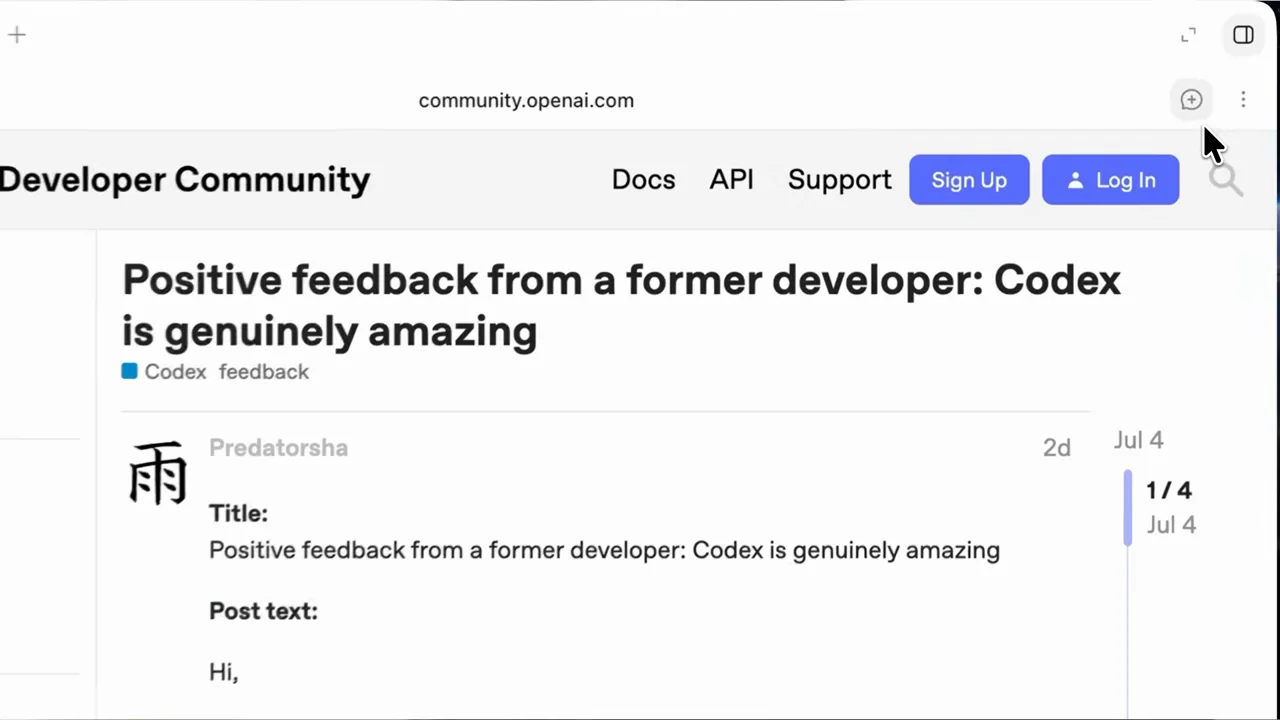 A positive-feedback topic fills the browser pane.
