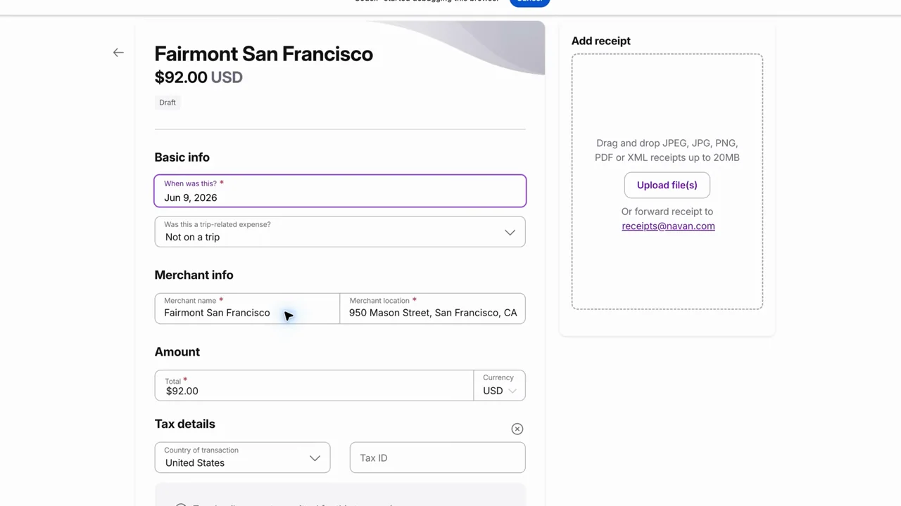 Merchant, date, and amount fields appear in the form.