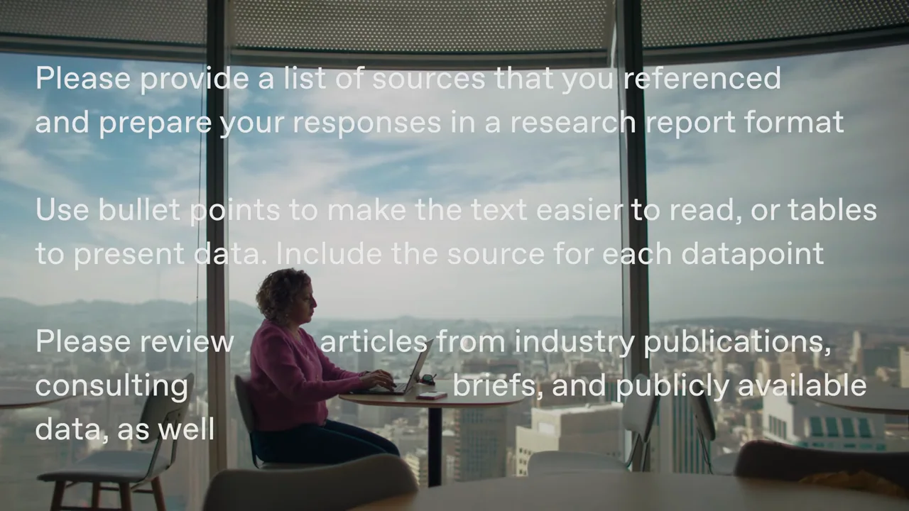 Large prompt-like text overlays the person and office.