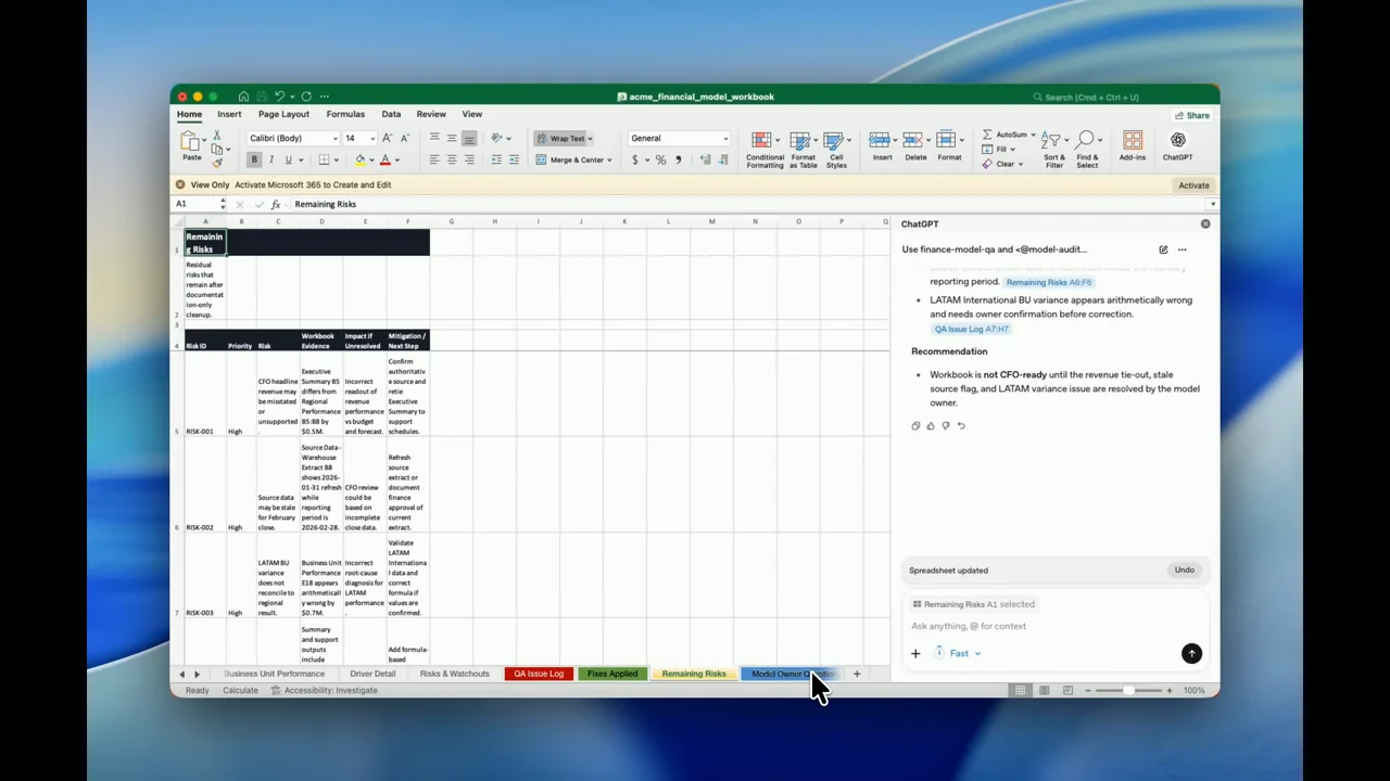 A structured audit sheet replaces the summary model.