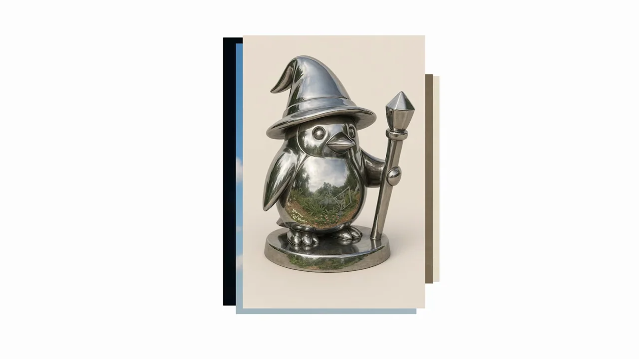 Isolated glass-like and metallic penguin images appear.