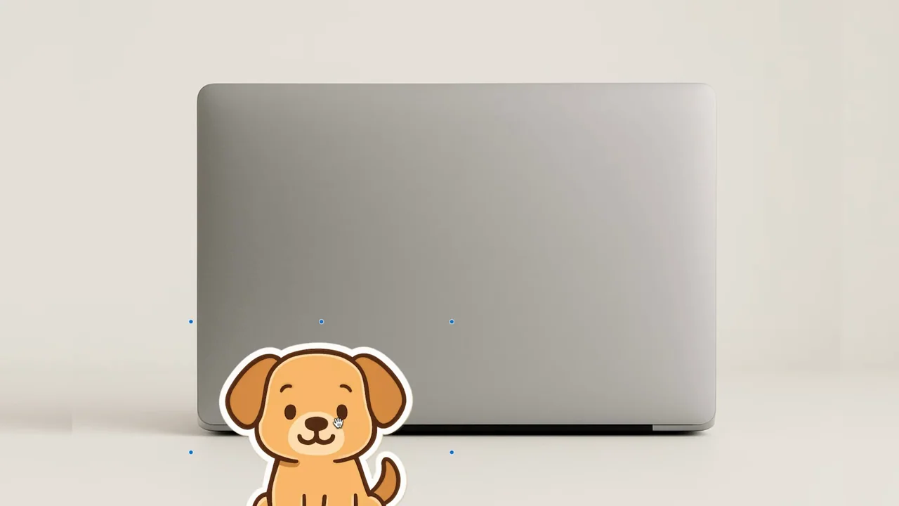 An isolated laptop image is followed by the puppy sticker in front of it.