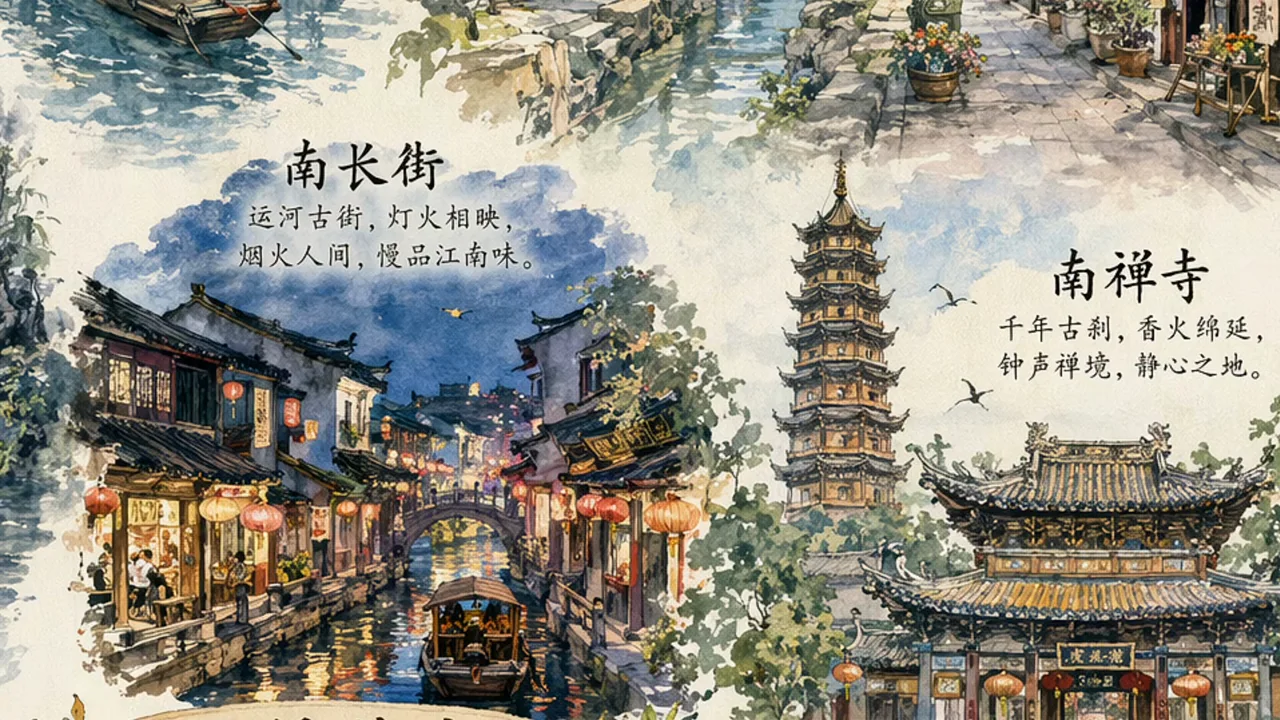 Laptop input and a loading tile precede a landscape poster with text.
