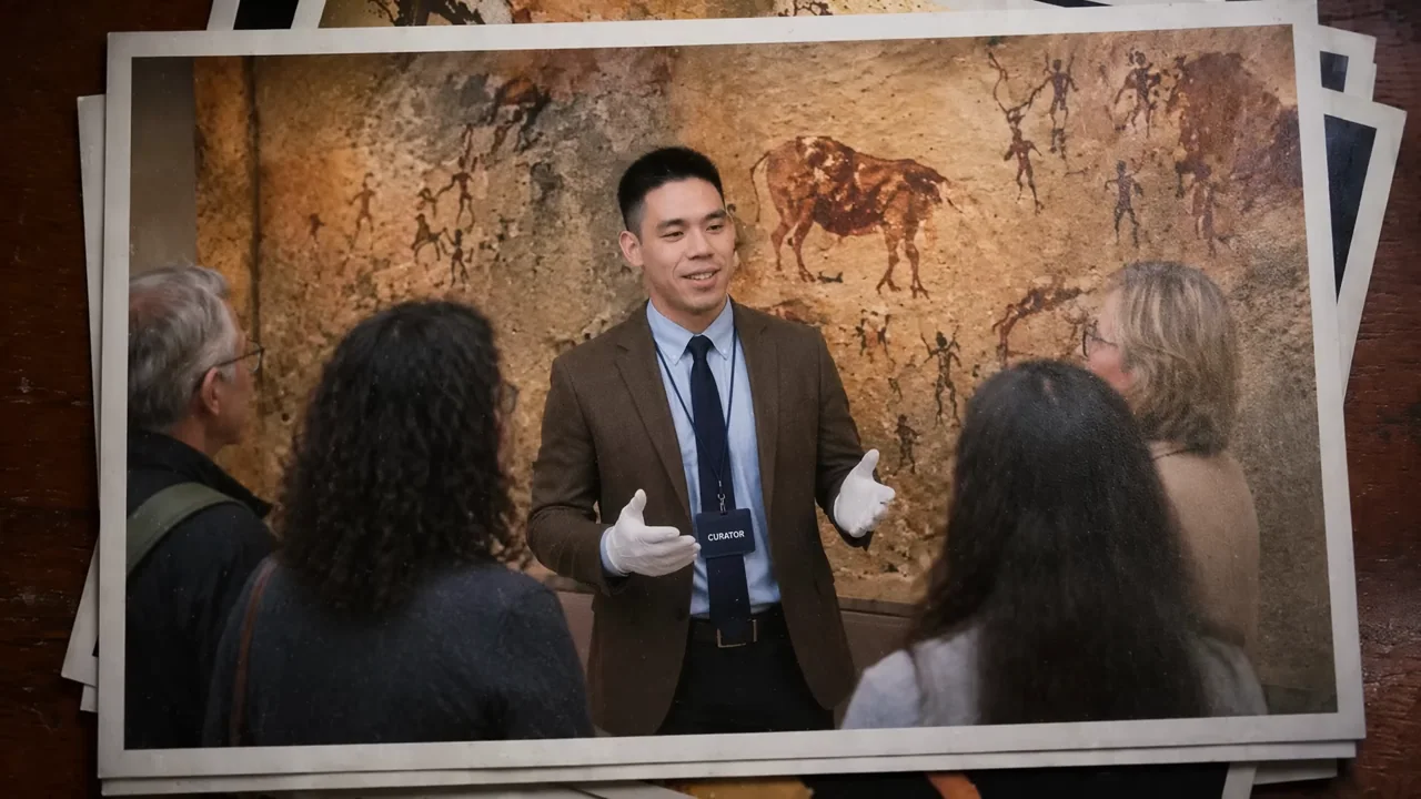 Photo stacks, a museum leaflet, and exhibition scenes create a visual premise.