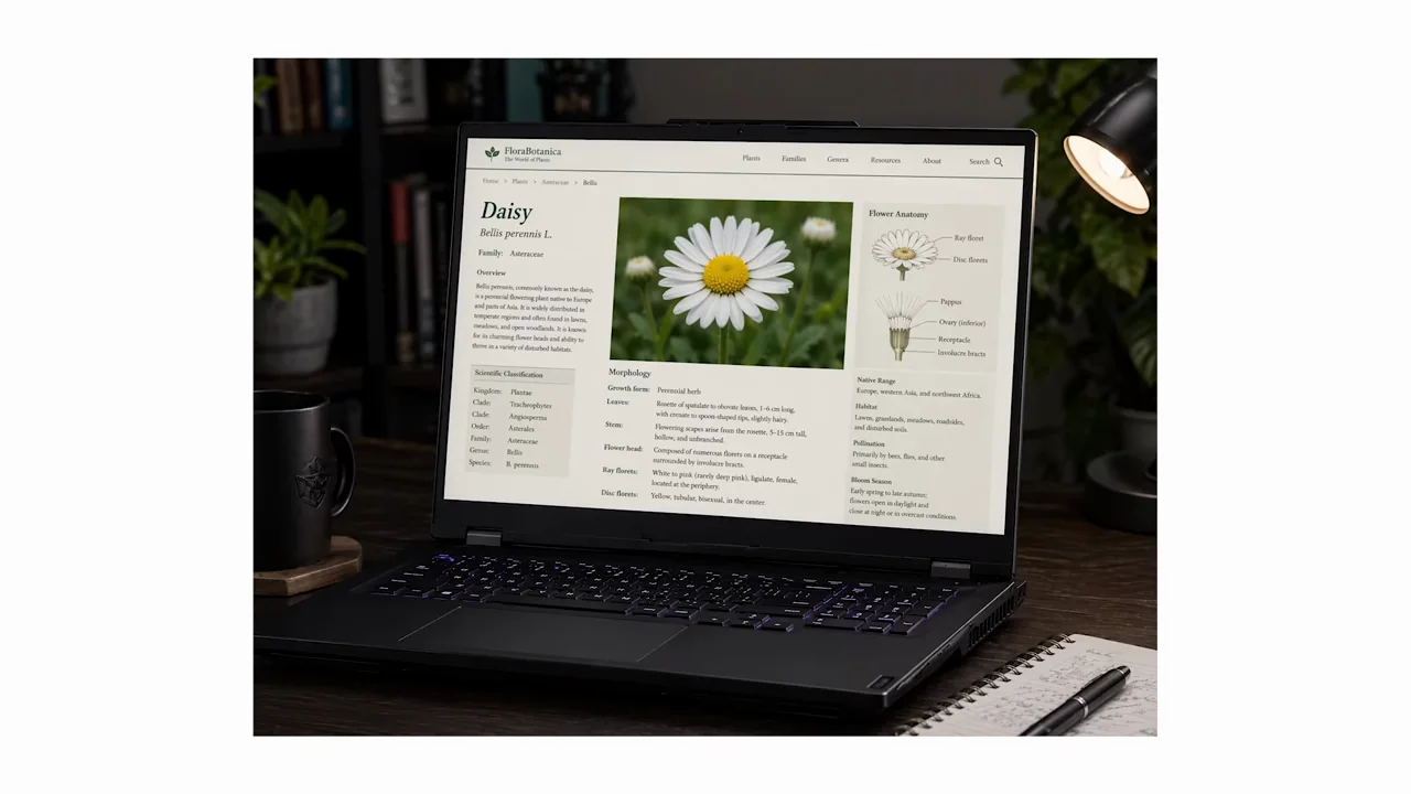 Flower close-ups, notes, a laptop-displayed page, and botanical posters follow.