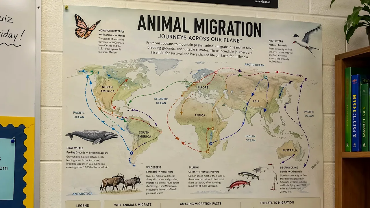 Scrapbook, migration map, and forest infographic examples vary the format.