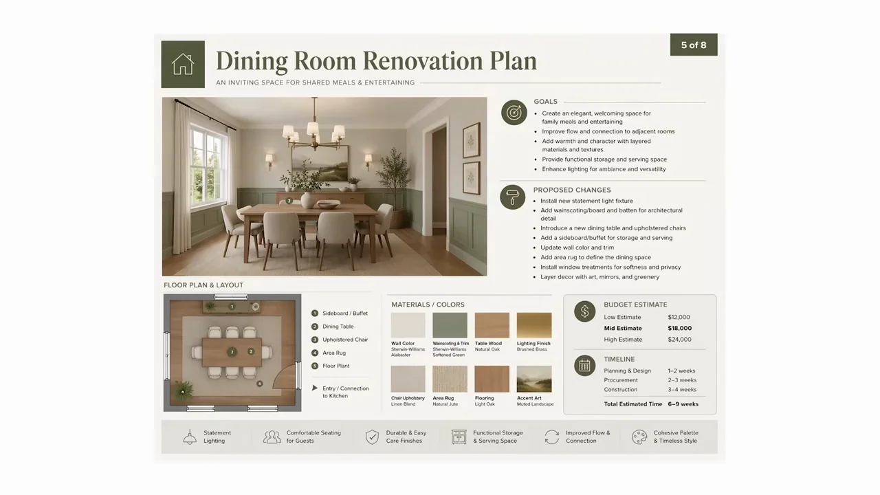 Magazine and renovation-plan layouts show different document outputs.