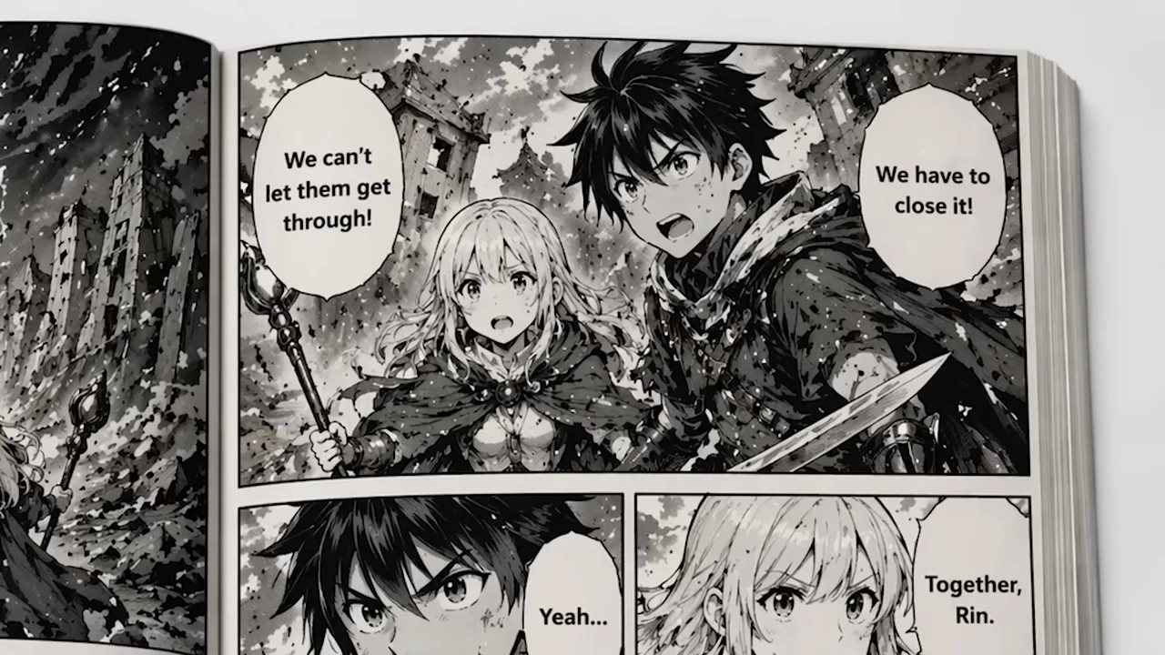 Manga panels, a rendered scene, and a phone image extend one story.