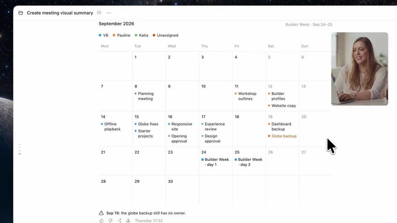 A follow-up produces a month-grid view of the same planning material.
