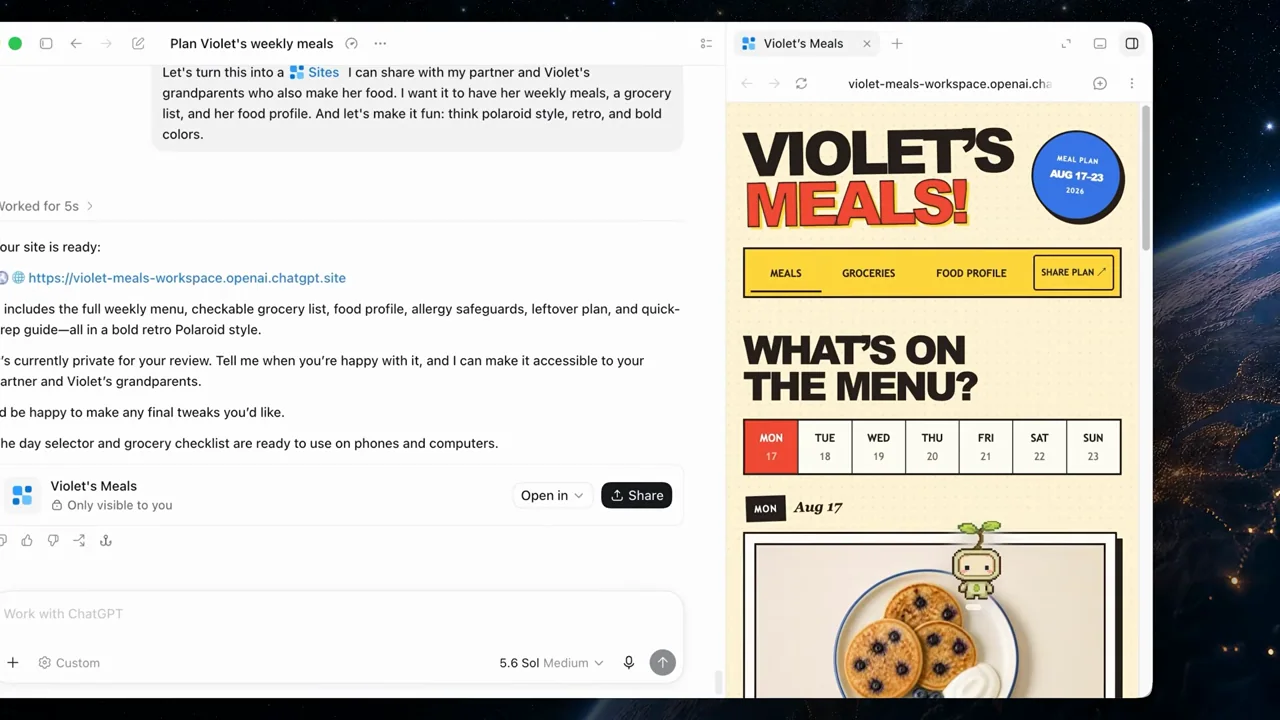 A bright meal-planning site opens beside the conversation.