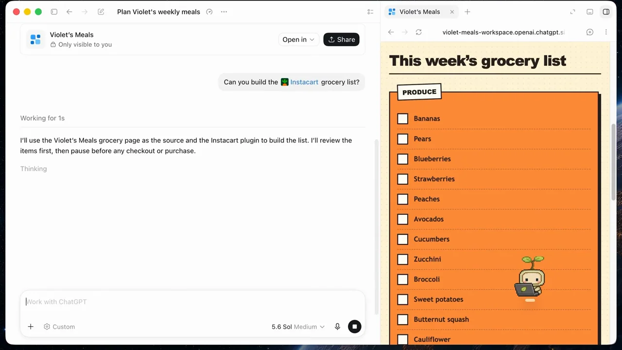 A grocery checklist is visible while a cart-building request is submitted.