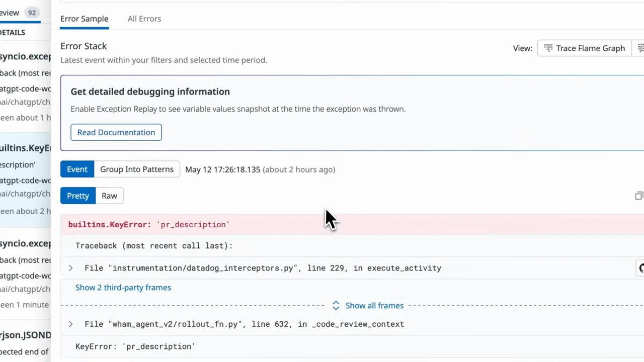A monitoring view opens a trace and stack details.