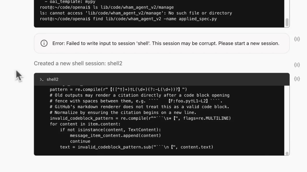 A task request leads to shell logs and investigation text.