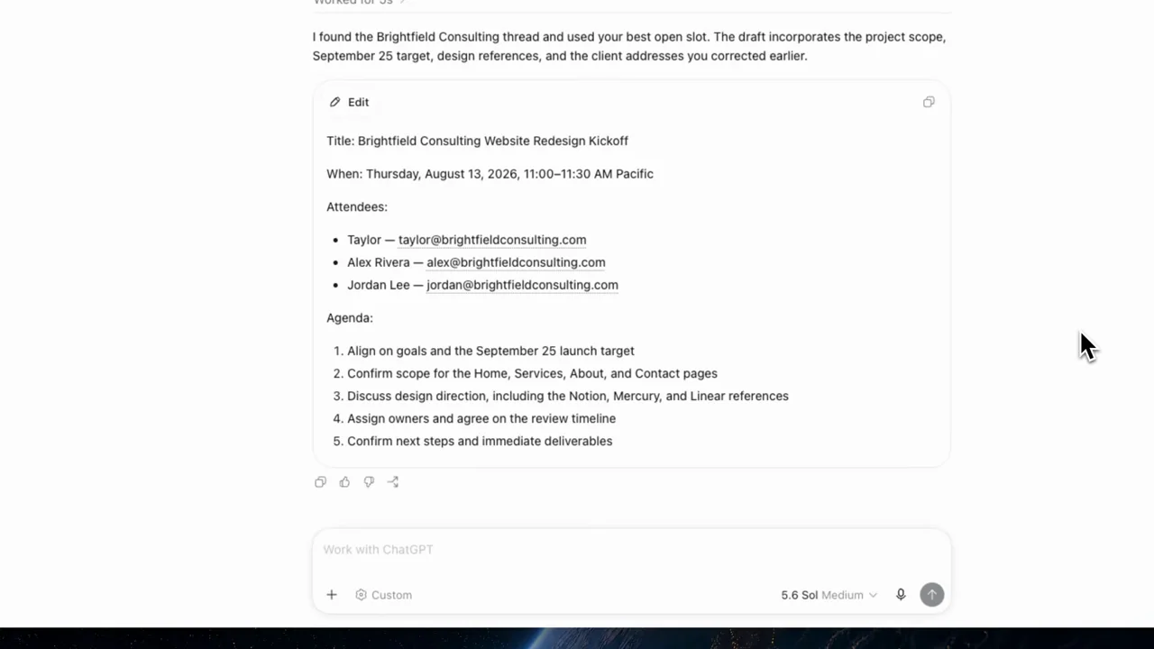 The conversation lists a time, attendees, and agenda.