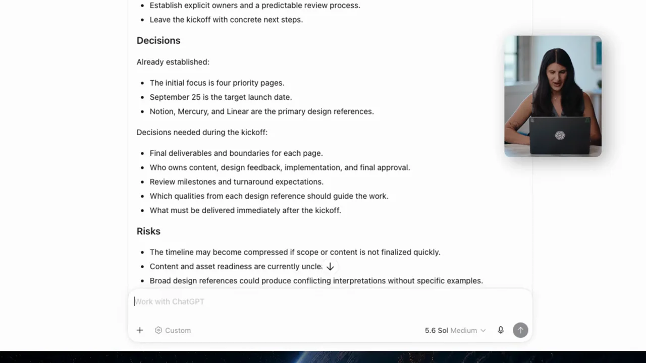The brief exposes objectives, decisions, risks, and next steps.