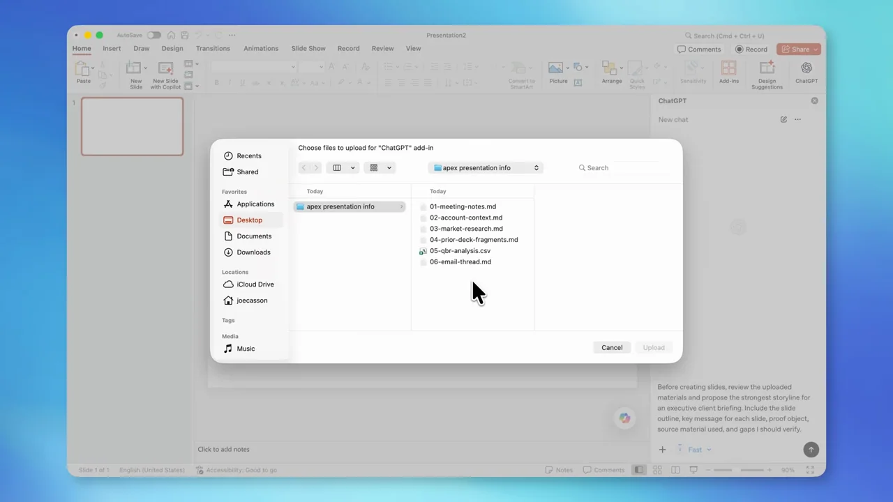 A sidebar opens and a file picker supplies source material.