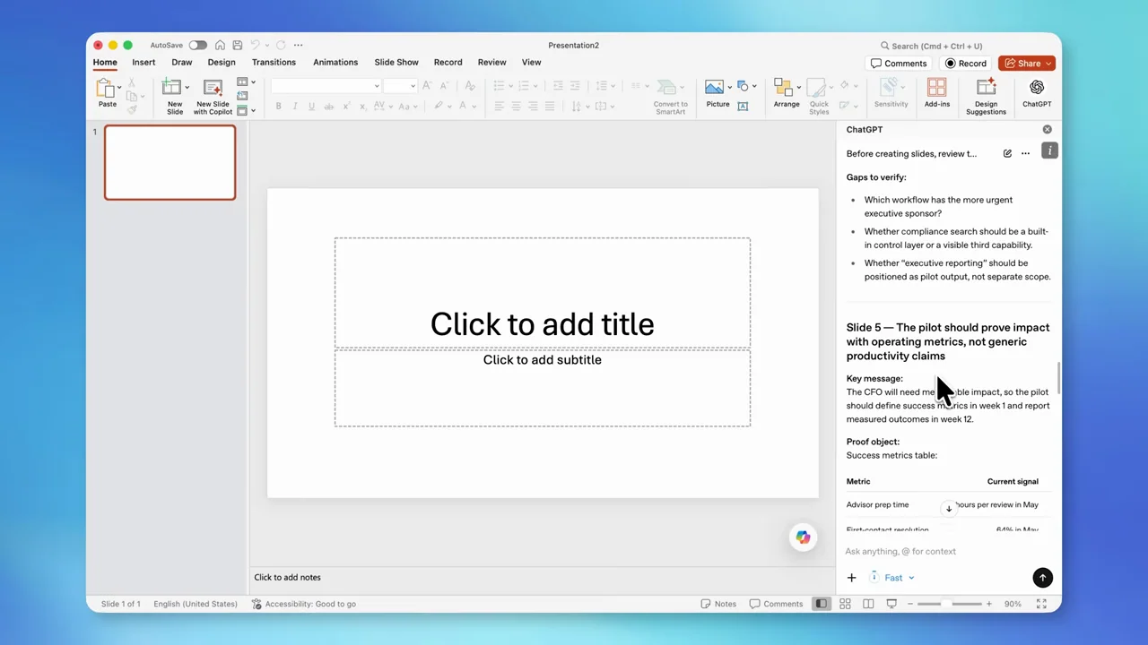 Text and recommendations accumulate beside the still-empty slide.
