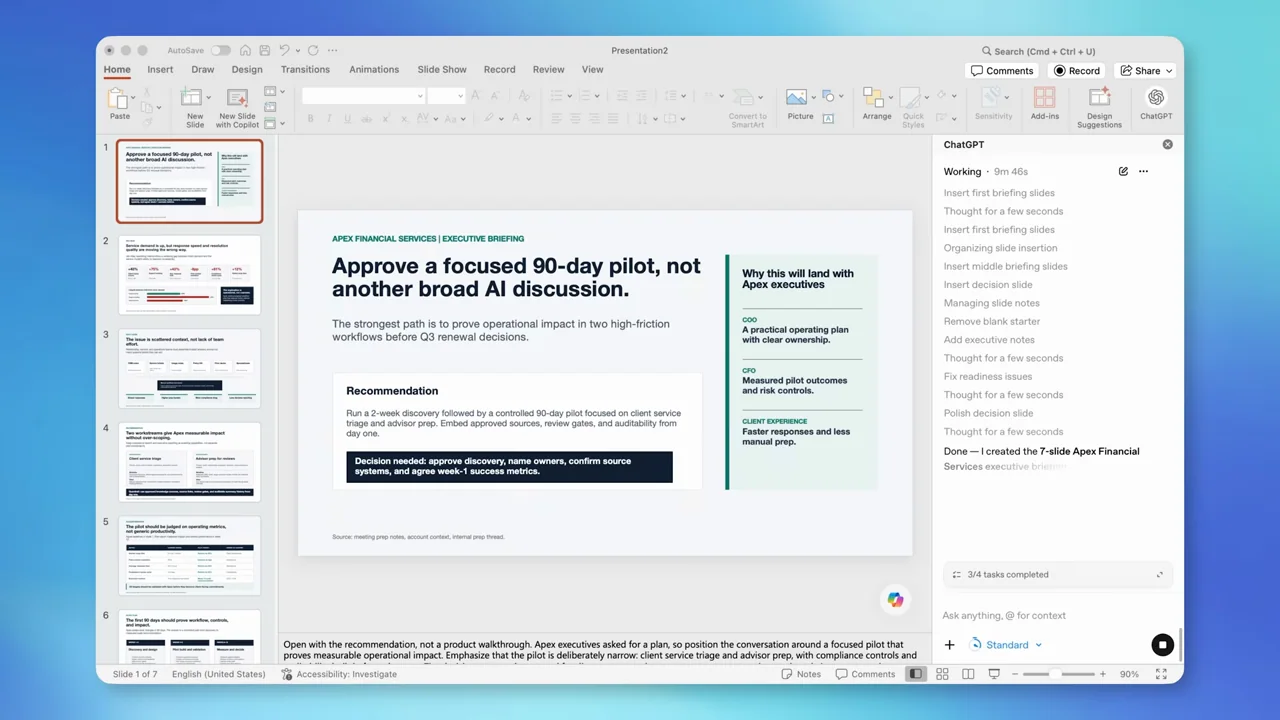 Slide thumbnails populate and a designed opening slide appears.