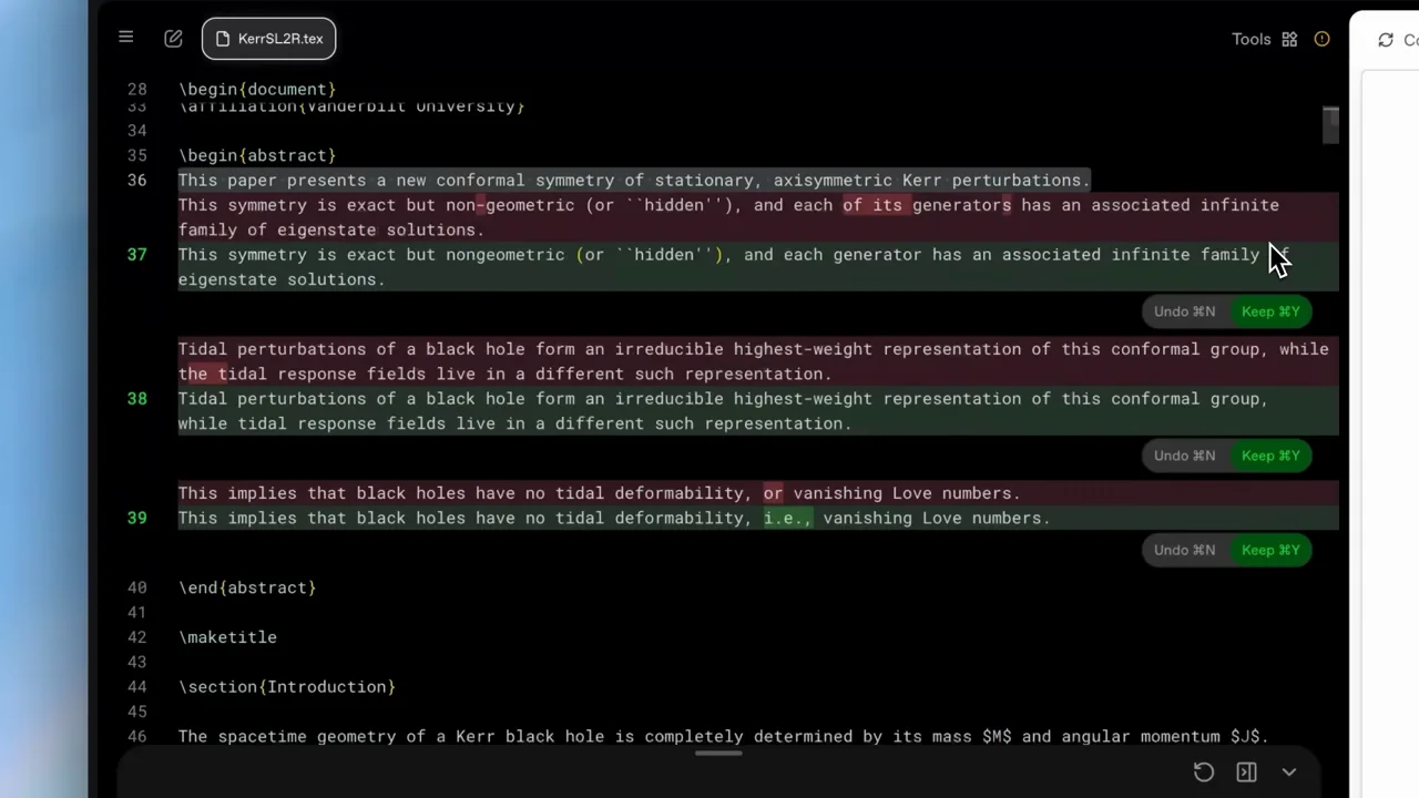 A dark editor sits beside a paper preview; colored edit blocks appear.