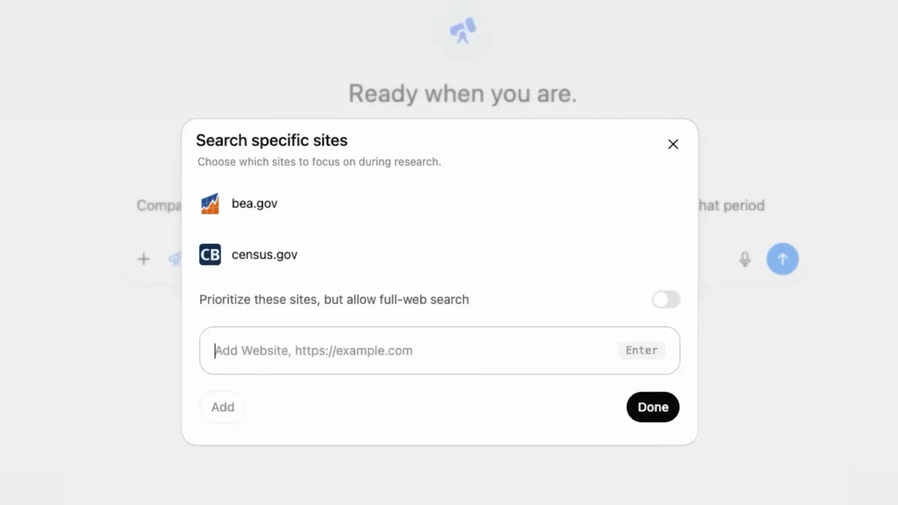 A specific-sites dialog accumulates selected sources.