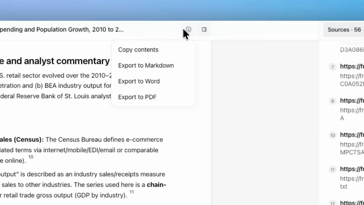 An export menu appears over the report.
