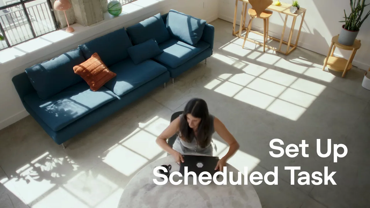 A room-wide overhead view introduces scheduled tasks with large type.