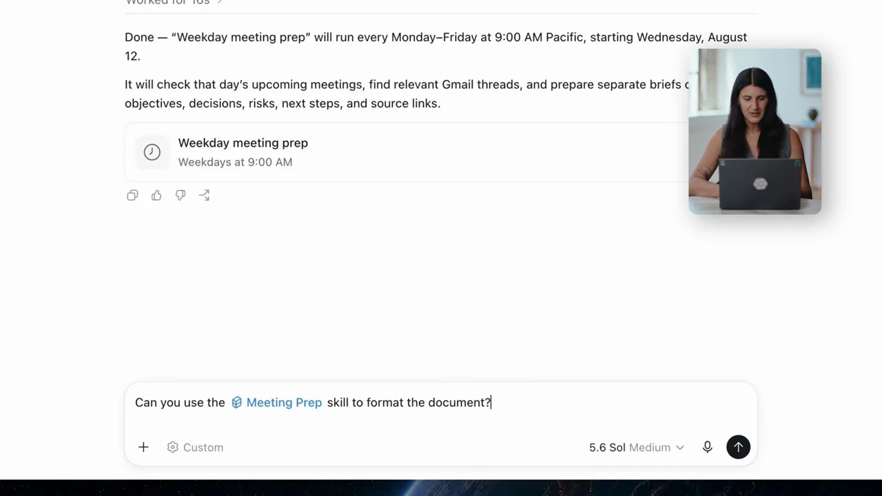 A follow-up references a meeting-preparation skill.