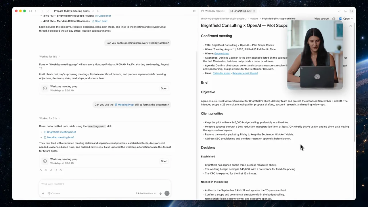 The updated brief opens beside the conversation.