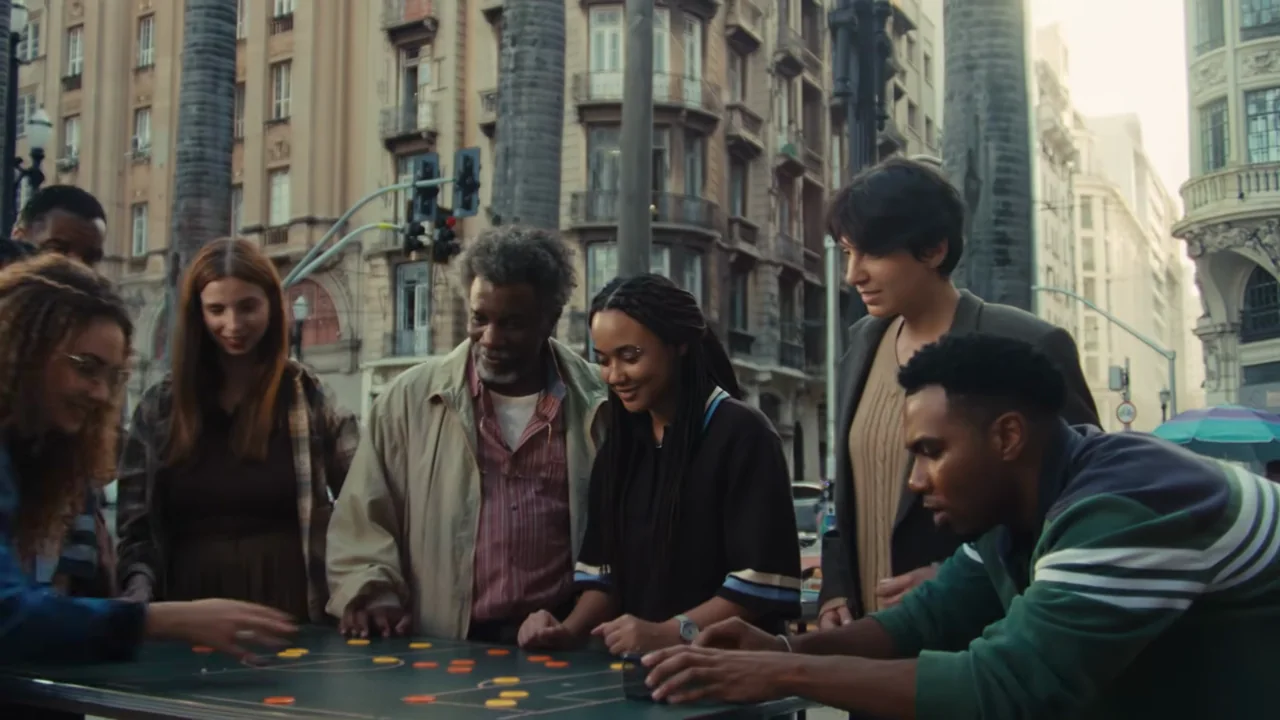 The wider frame makes the table and surrounding street legible.