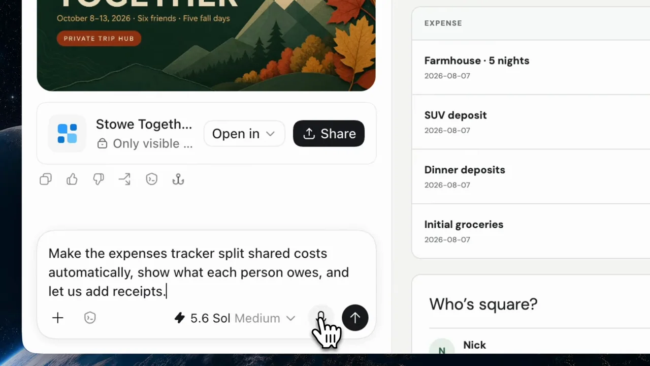 A follow-up asks the displayed expense tracker to split costs and accept receipts.