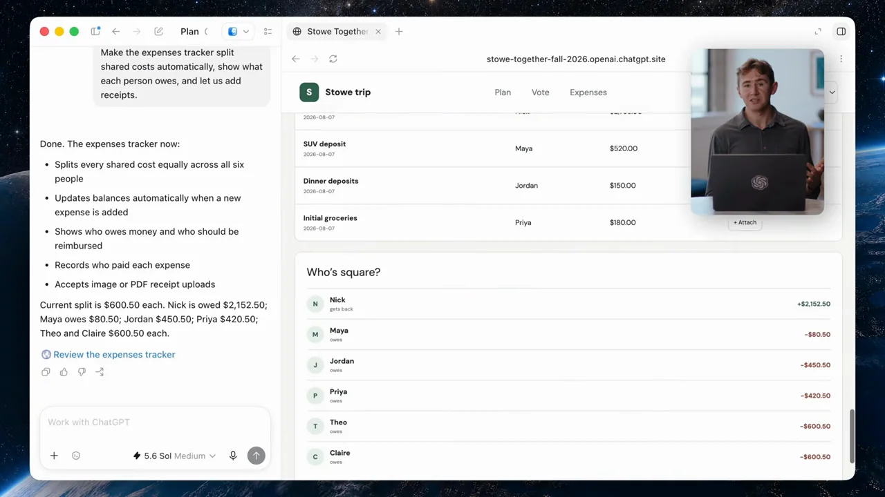 The site shows expense totals, entries, and person-level balances.
