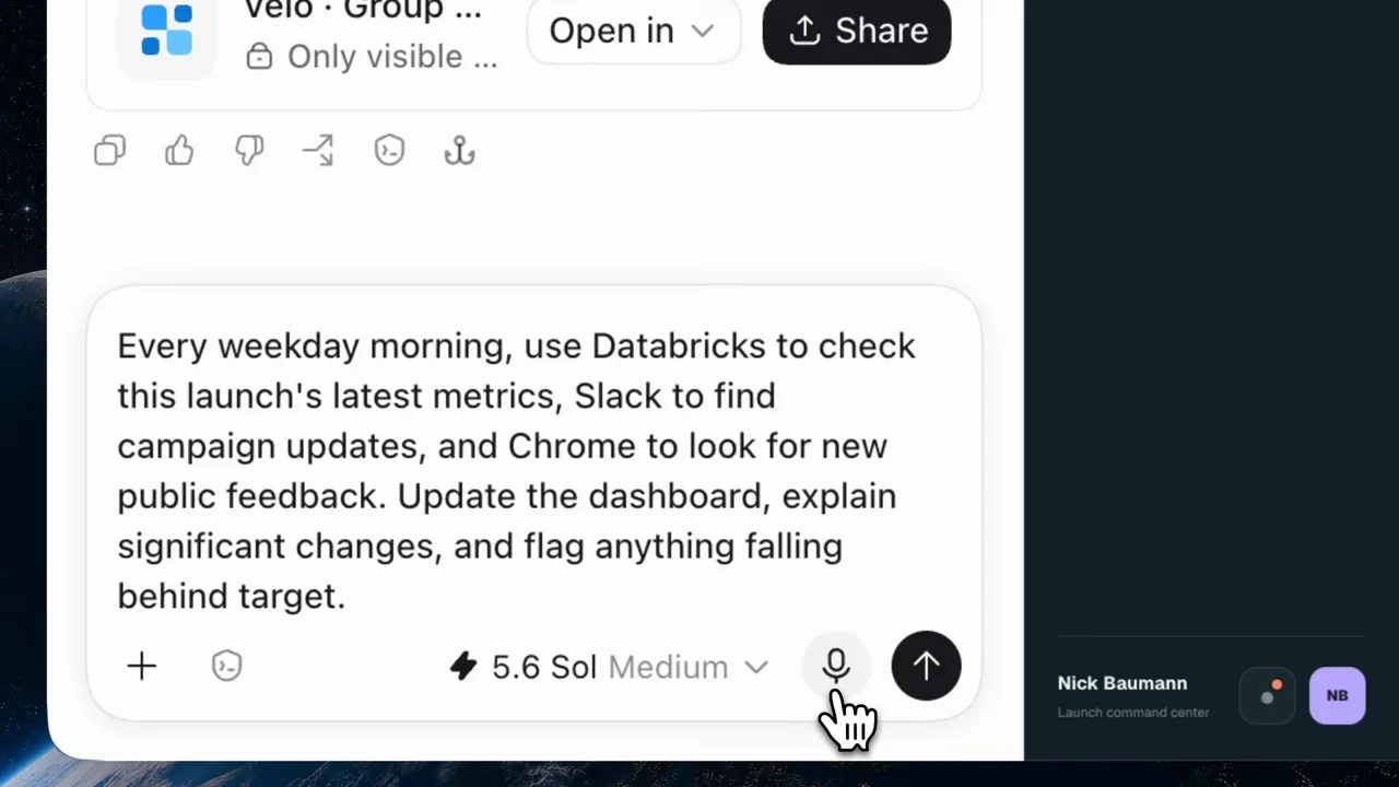 A voice request becomes text asking for recurring updates from several sources.