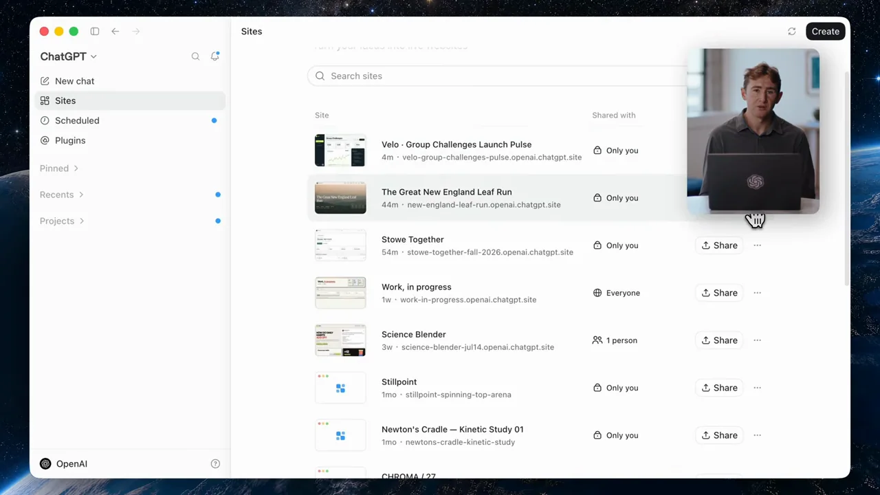 The app's site list shows saved outputs and sharing controls.