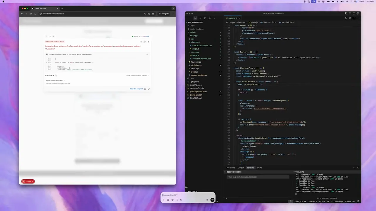 The checkout page and editor share the desktop; an error overlay appears on the page.