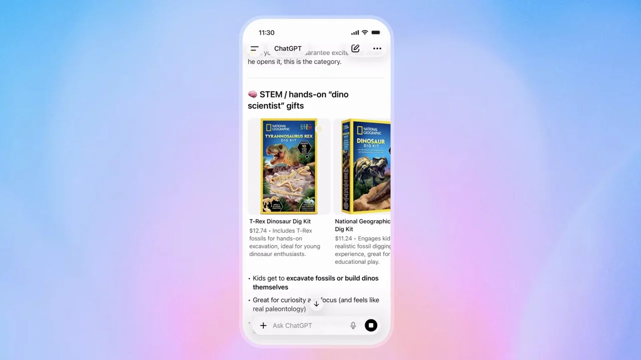 A phone scrolls through toy and activity suggestions.