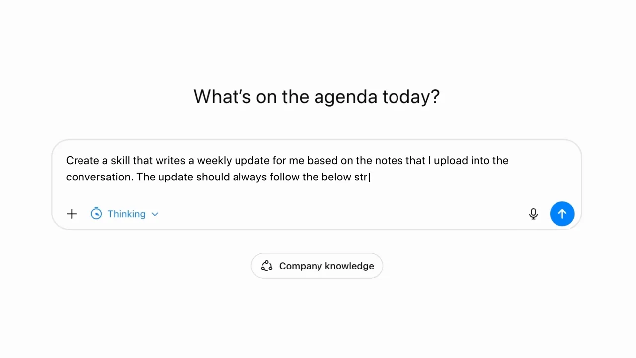The composer specifies a reusable weekly-update format.