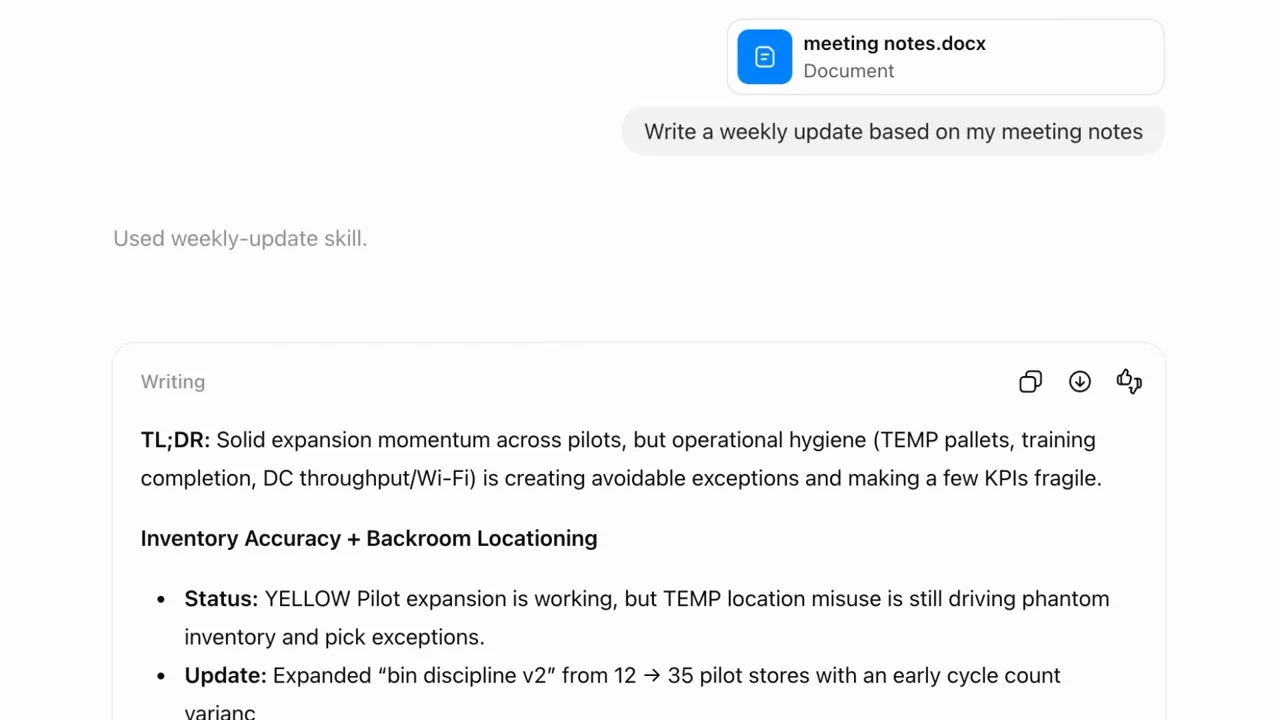 A notes document is dropped in and becomes a formatted update.