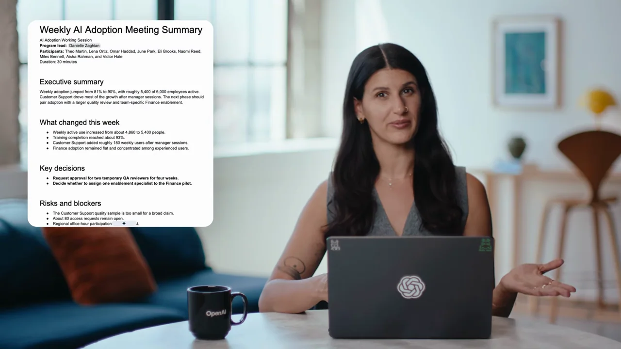 A structured meeting summary appears as an isolated overlay.