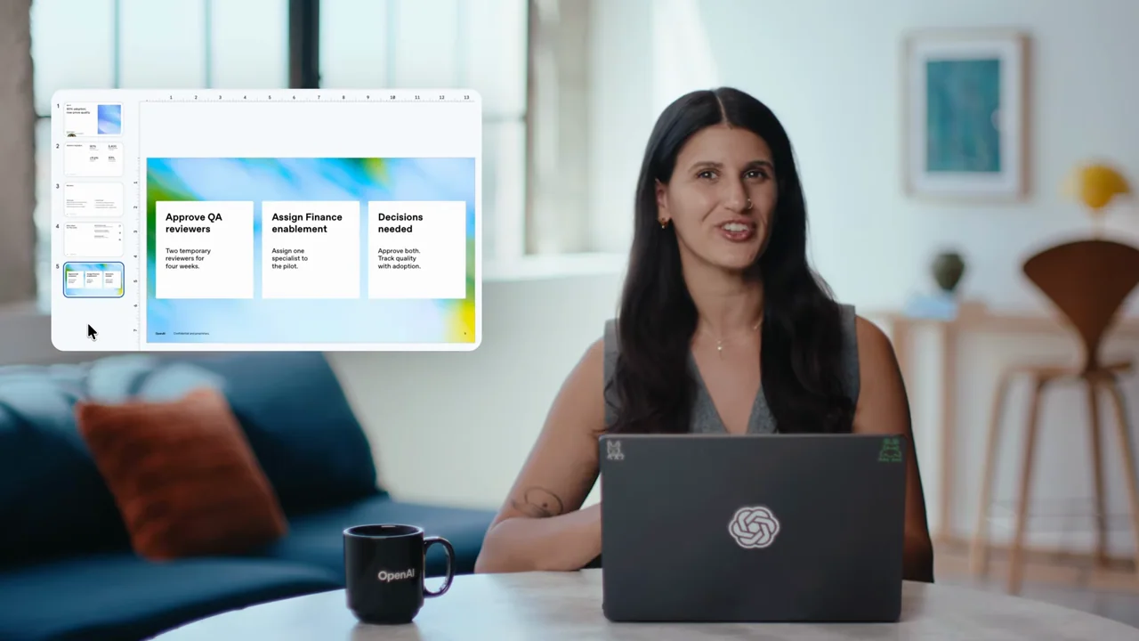 A small slide-editor window overlays the presenter.