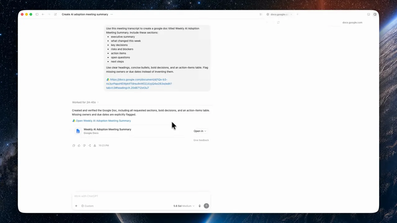 The conversation returns a summary document link.