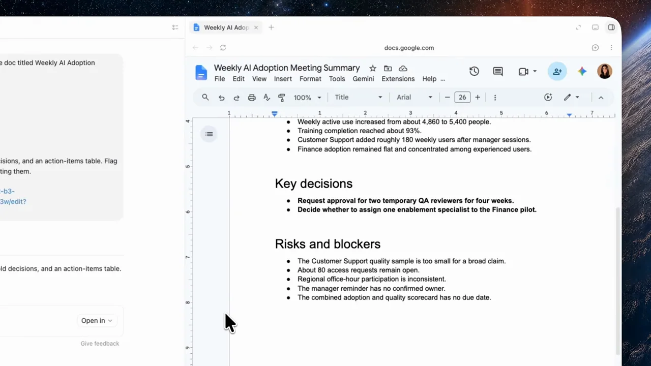 The document opens with executive summary, decisions, and risk sections.