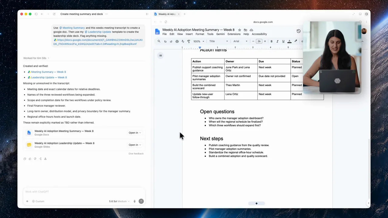 A new document opens with the same action-table and question structure.