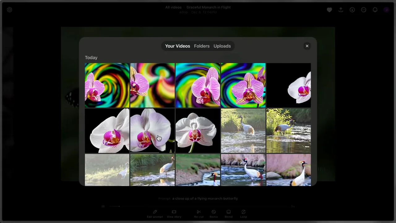 A grid of clips opens over the viewer.