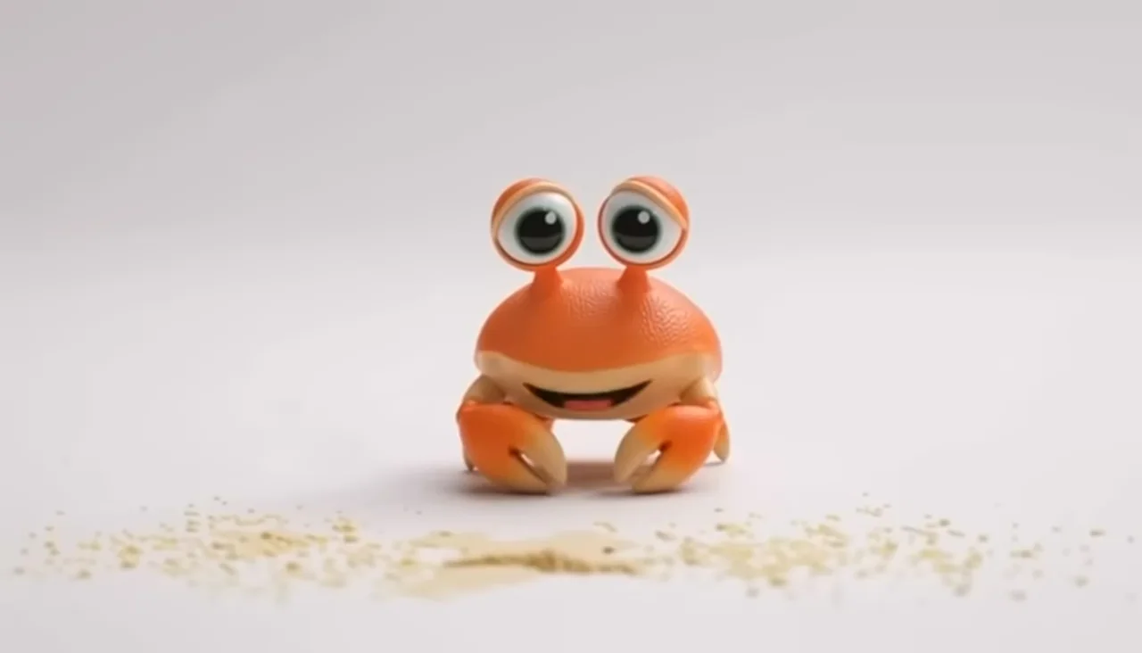 A small orange character is shown wide and close on a white set.