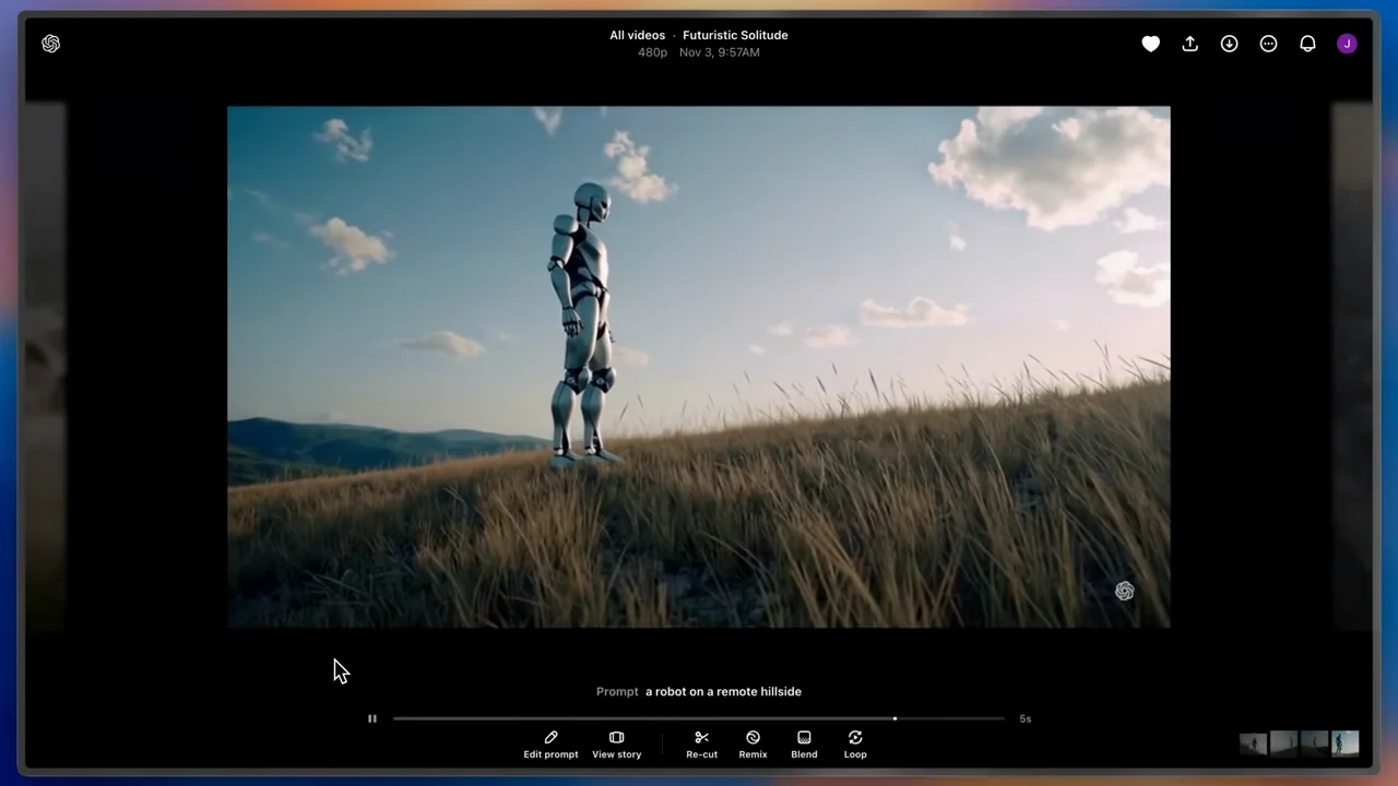 A robot on a hillside plays in a dark viewer over the desktop.