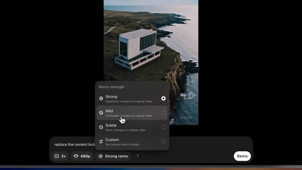 The strength menu is opened and inspected over the source clip.