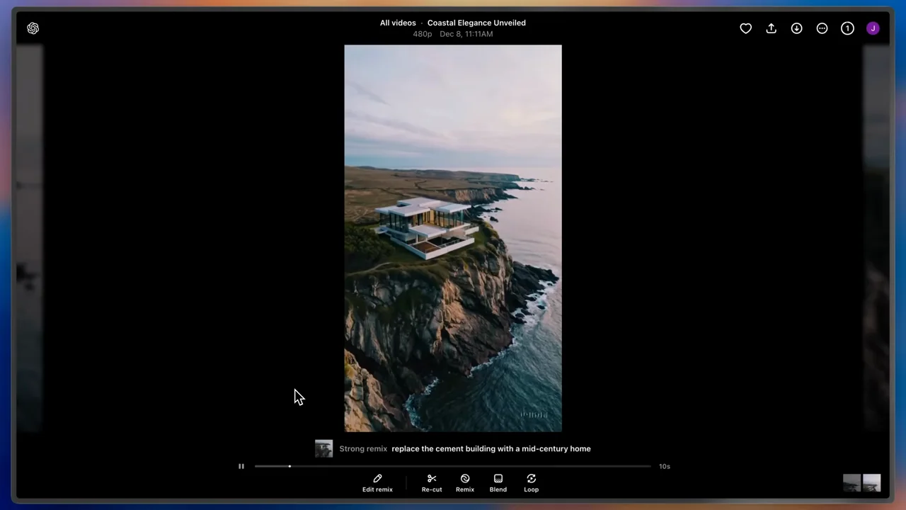 A different building appears in a similar coastal setting inside the viewer.
