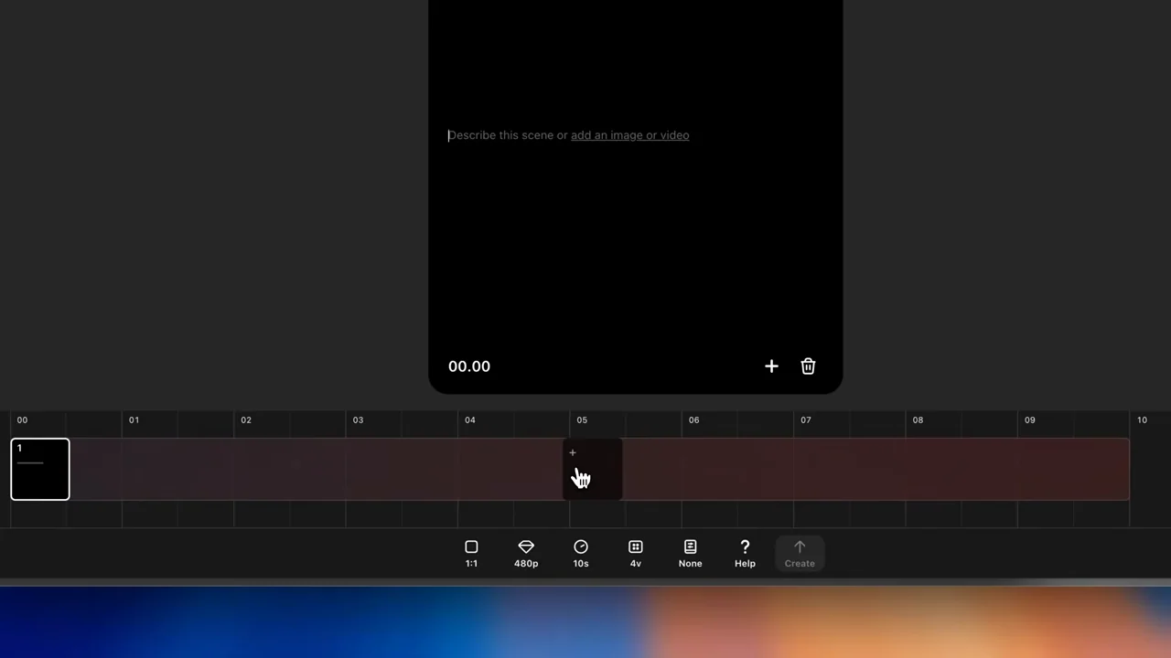 A blank card appears over a timeline; duration controls are inspected.