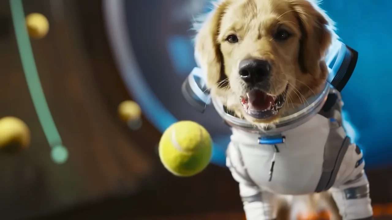 A warm spacecraft interior leads to a close dog in a suit.